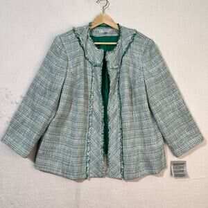 Kasper Green/White/Silver Tweed Fringe Trim Blazer Jacket 3/4 Sleeve Women's 20W
